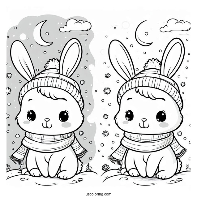 Smiling Rabbit Coloring Page In The Snow For Preschoolers