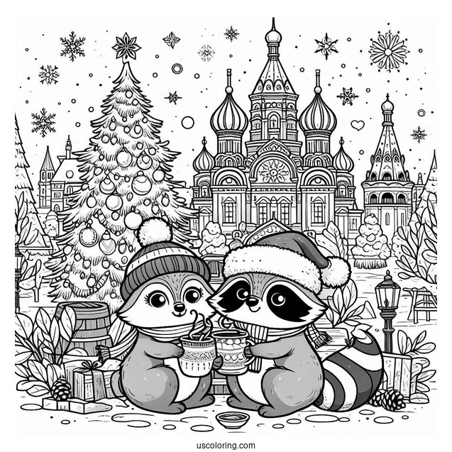 Christmas Coloring Pages For Adults Of Cartoon Racoons Sharing Hot Beverage In Front Of Christmas Tree And Cathedral