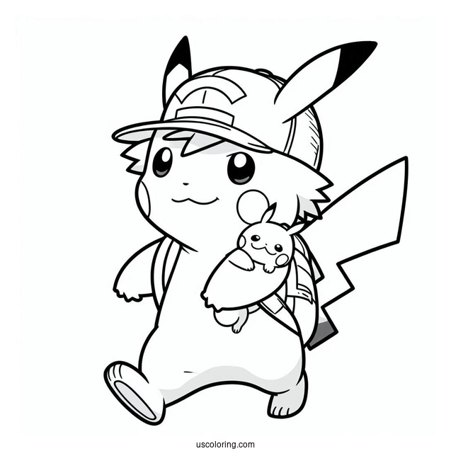 Simple Outline Of Ash Carrying Pikachu Coloring Page