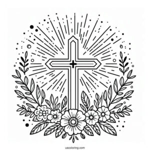 Easter Coloring Page Of Cross With Flowers And Sun On Easter For Kids
