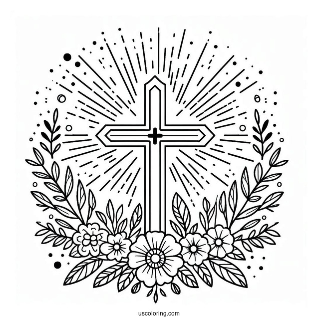 Easter Coloring Page Of Cross With Flowers And Sun On Easter For Kids