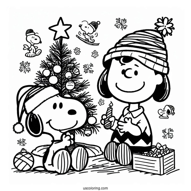 Charlie Brown And Snoopy With Christmas Tree To Color