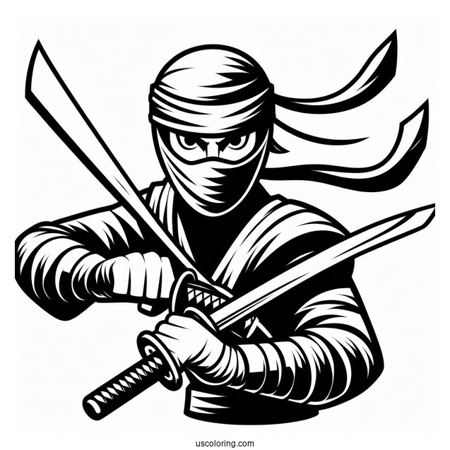 Easy Ninja With Swords In A Fight Coloring Page For Kids