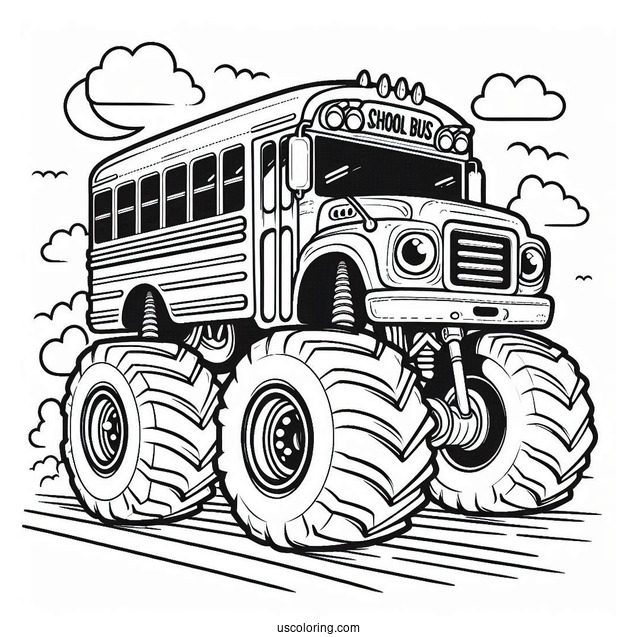 Monster Truck School Bus Coloring Page In The Air