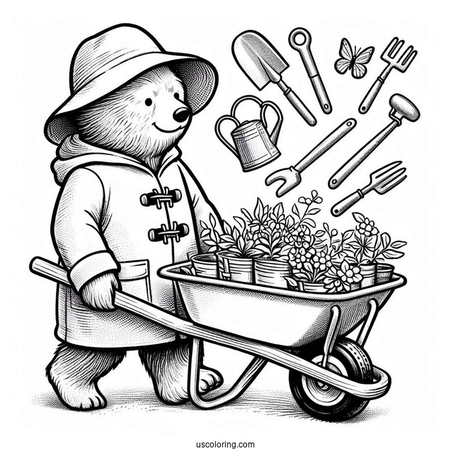 Paddington Coloring Page Pushing A Wheelbarrow Full Of Gardening Tools