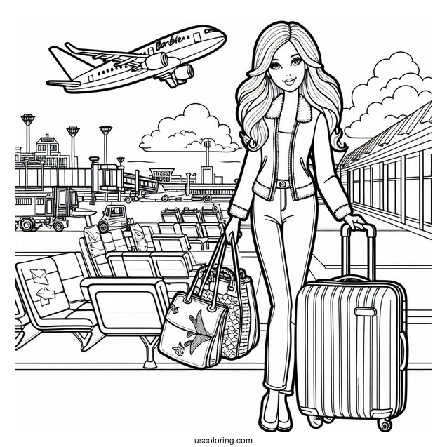 Travelling Barbie At Airport To Color