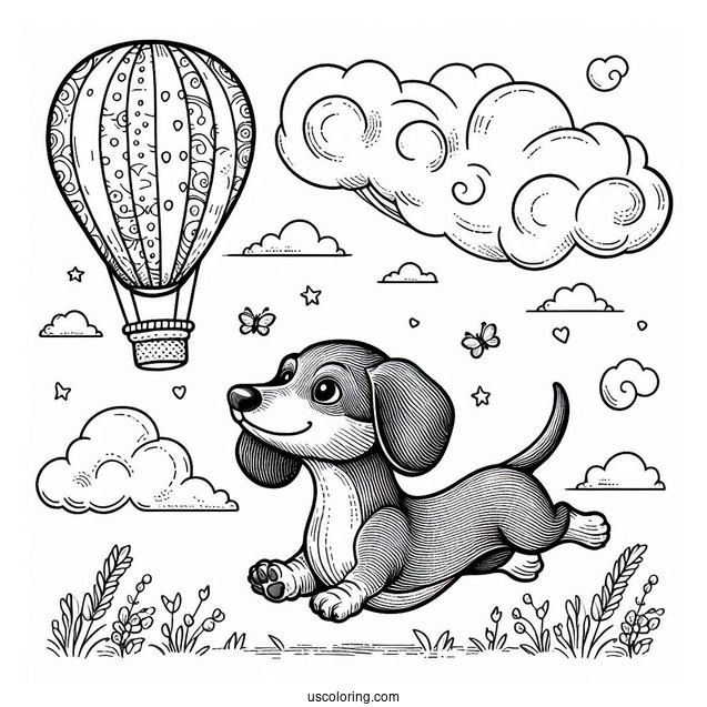 Dachshund Coloring Page Flying With Balloon In The Sky