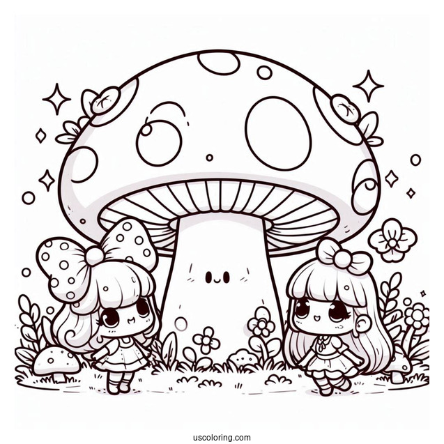 Kawaii Girls Playing With A Giant Mushroom Coloring Page