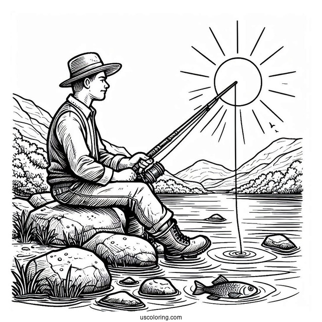 Easy Man Sitting On Rock Fishing Coloring Page