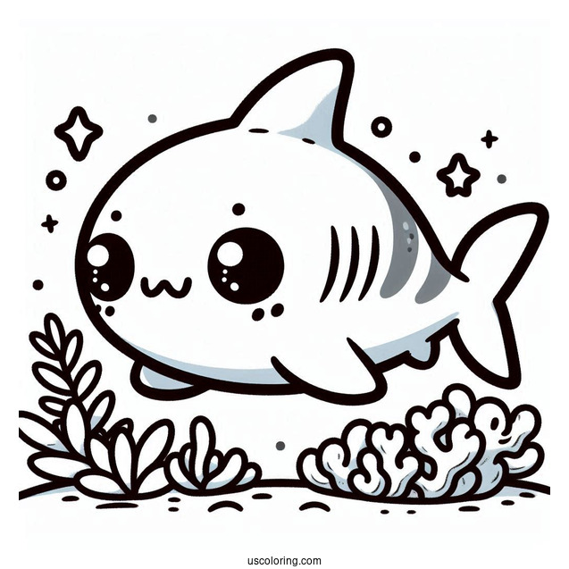 Chibi Shark Coloring Page With Seaweed