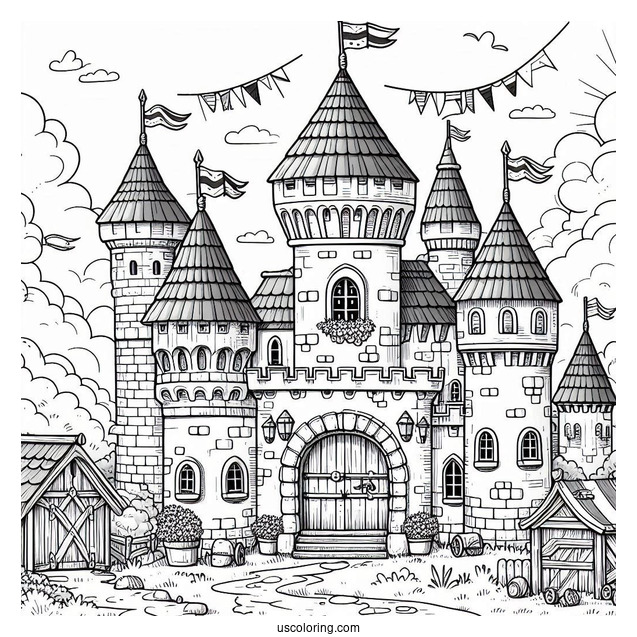 Castle Coloring Page With Flags In A Village For Kids