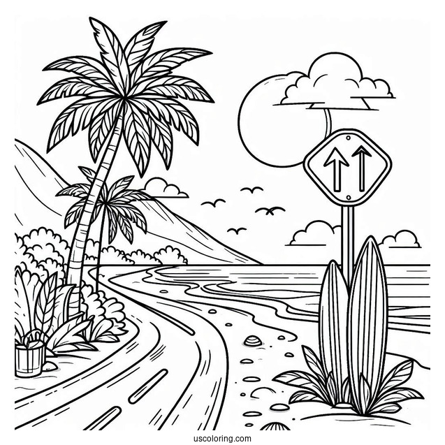 Summer Coloring Page Of Beach Scene With Road Sign, Palm Trees, And Surf Board