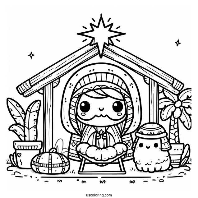 Nativity Coloring Page Of Cute Chibi Nativity With Star And Manger For Preschoolers