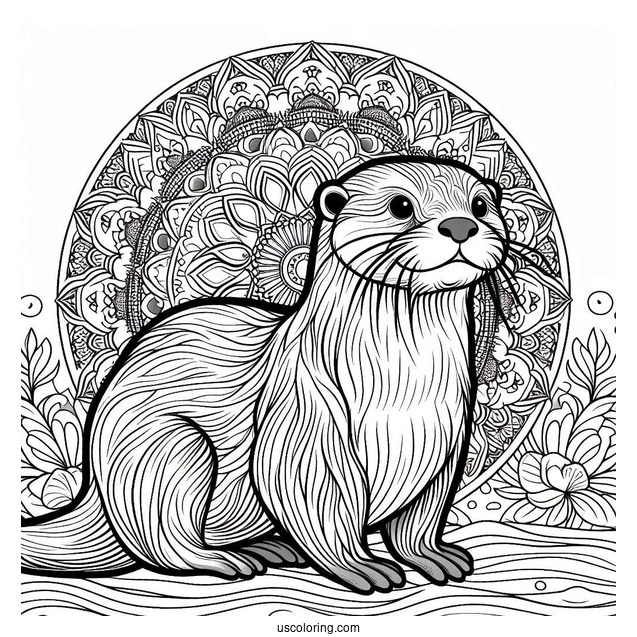 Adult Otter Coloring Page Standing In Front Of Mandala