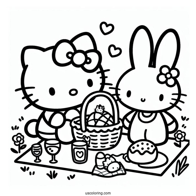 Hello Kitty And Miffy Coloring Page Having A Picnic
