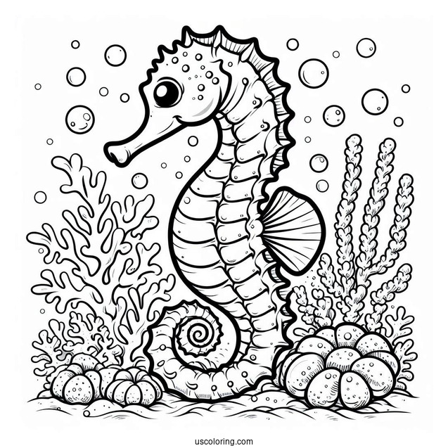 Cartoon Seahorse Surrounded By Coral