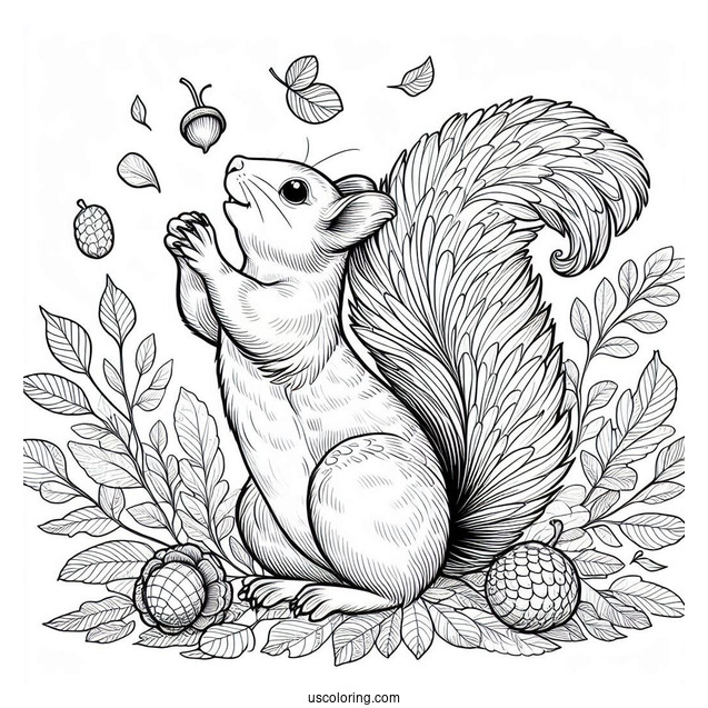 Squirrel Coloring Page Reaching Up For Nuts In Autumn