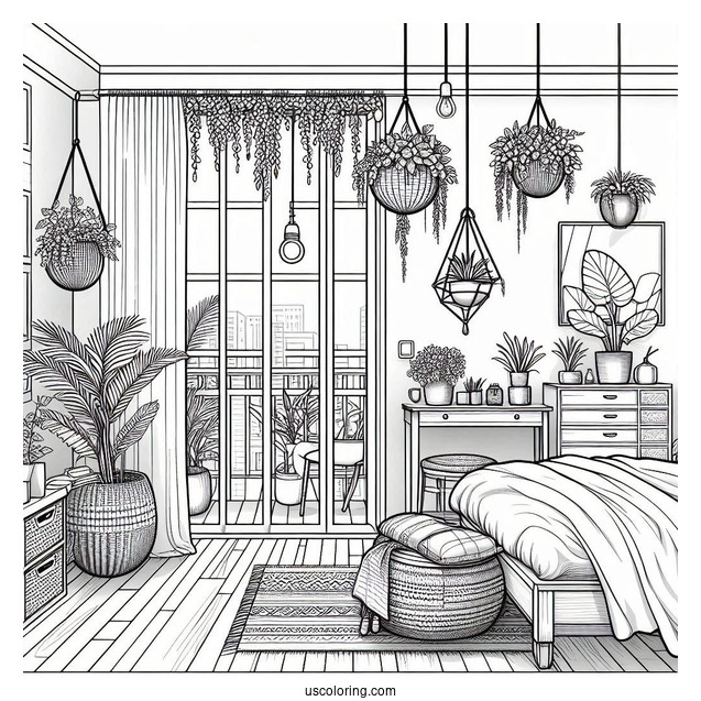 Bedroom Coloring Page With Hanging Plants And Open Balcony