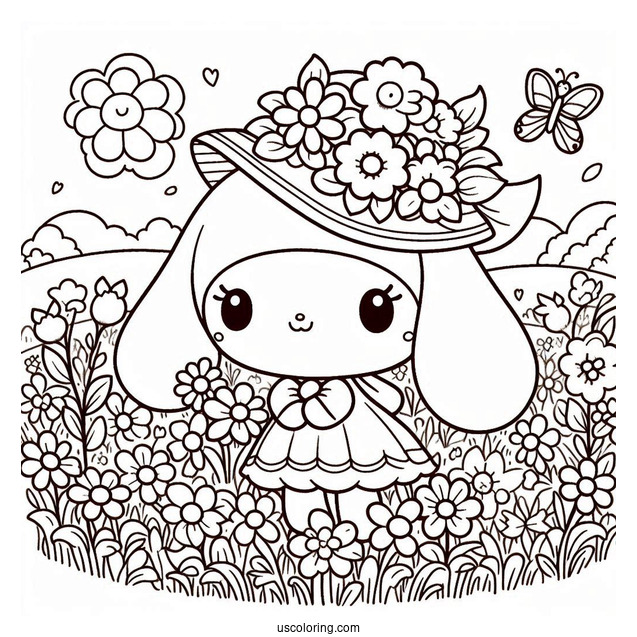 My Melody Coloring Page In Flower Field With Kuromi