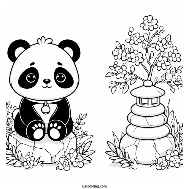Adorable Panda Coloring Page With Bell Collar Sitting on a Rock For Kids