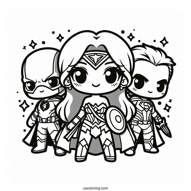 Chibi Justice League Coloring Page Of Heroes For Kids