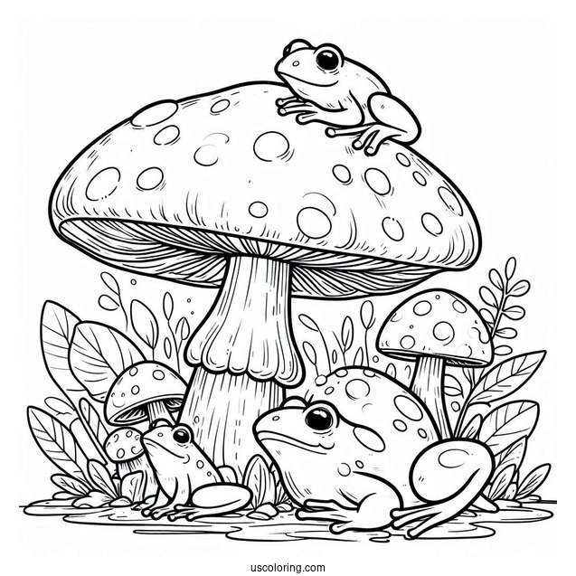 Frogs Sheltering Under A Mushroom Coloring Page