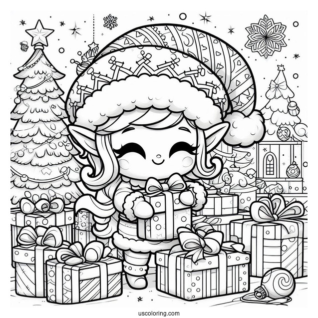 Festive Chibi Coloring Page Elf Wrapping Presents in a Christmas Workshop