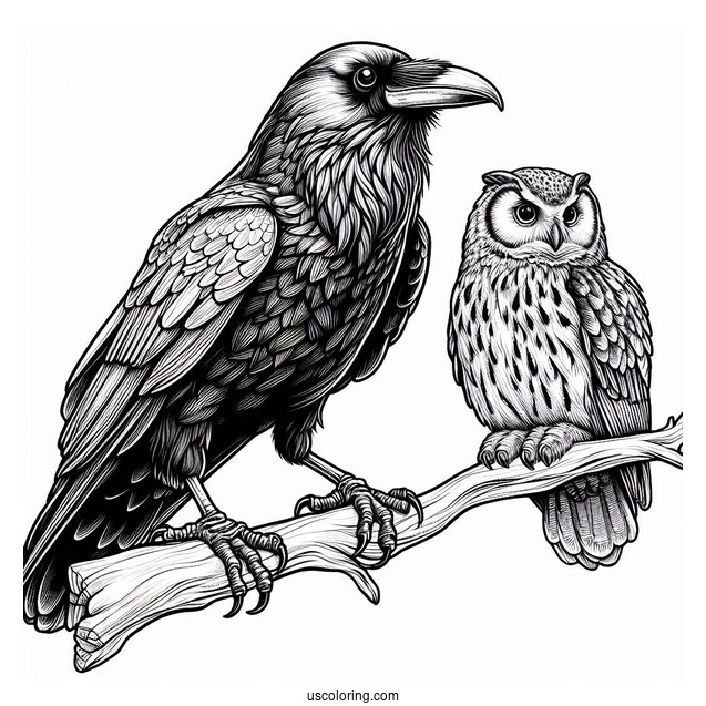 Realistic Raven Coloring Page Perched On A Branch With An Owl
