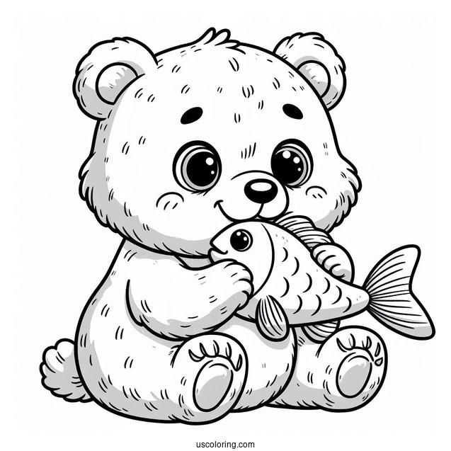 Easy Baby Bear Coloring Page Chewing On Fish