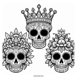 Majestic Sugar Skulls Coloring Page Wearing Crown
