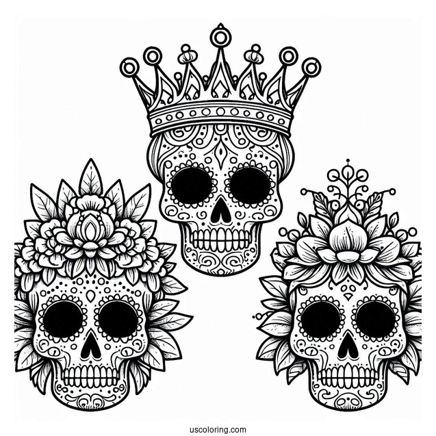 Majestic Sugar Skulls Coloring Page Wearing Crown