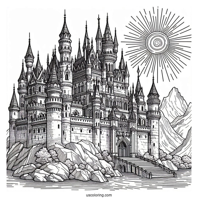 Massive Detailed Castle Coloring Page With The Sun In Background