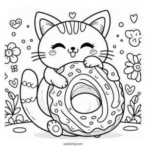 Cute Coloring Page Adorable Cat With A Giant Donut