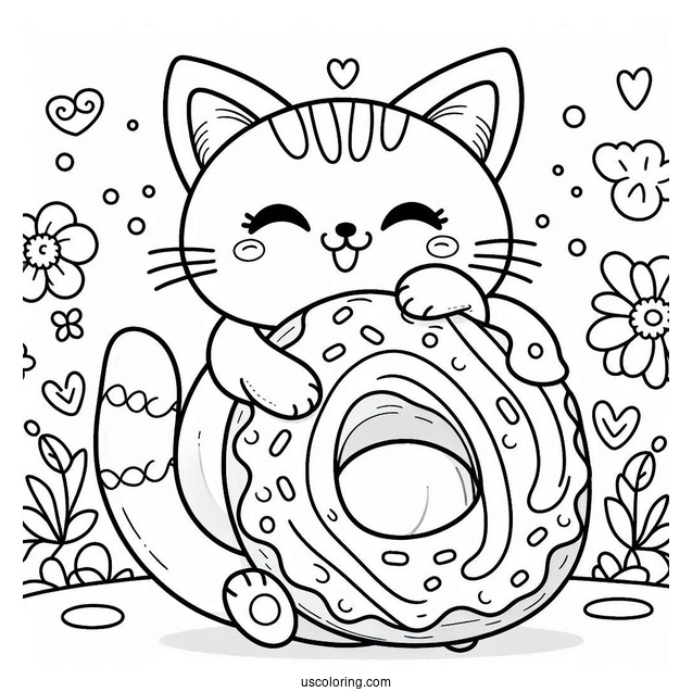 Cute Coloring Page Adorable Cat With A Giant Donut