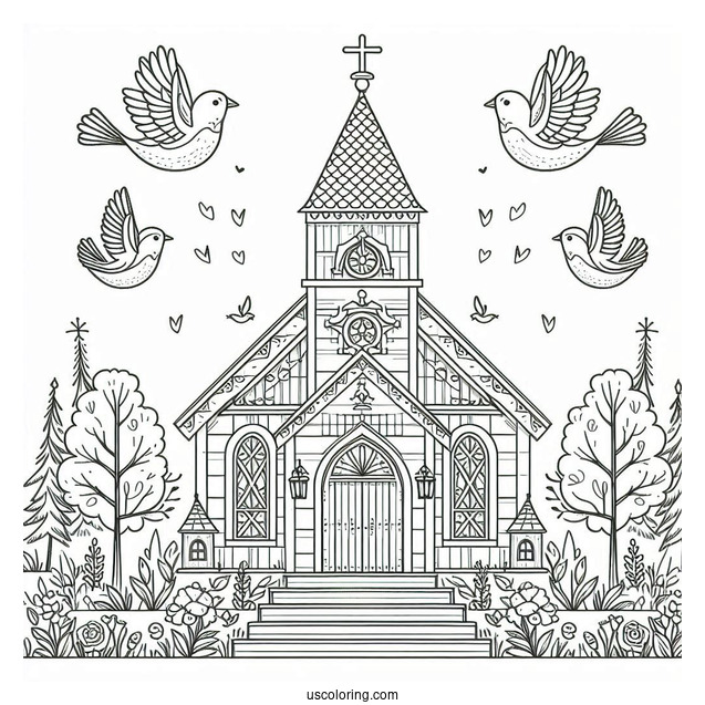 Traditional Church Coloring Page Outline With Birds And Trees