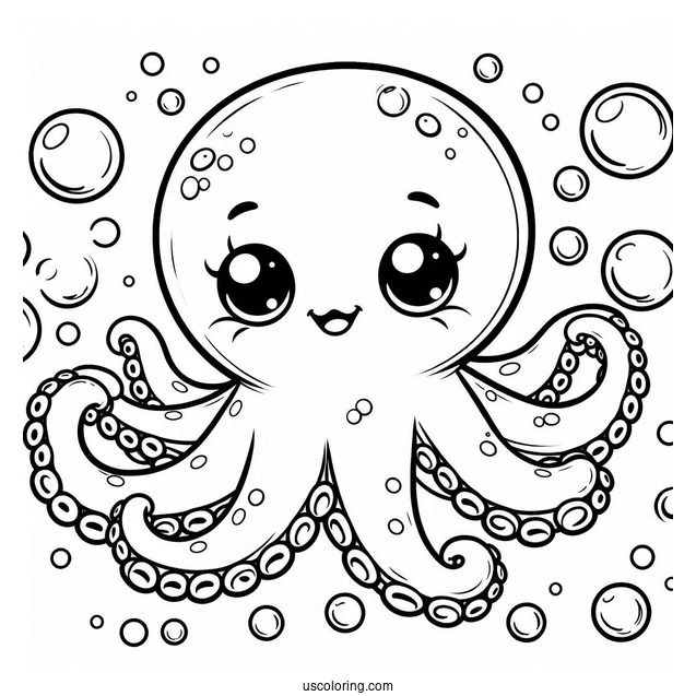 Cartoon Octopus Coloring Page With Bubbles