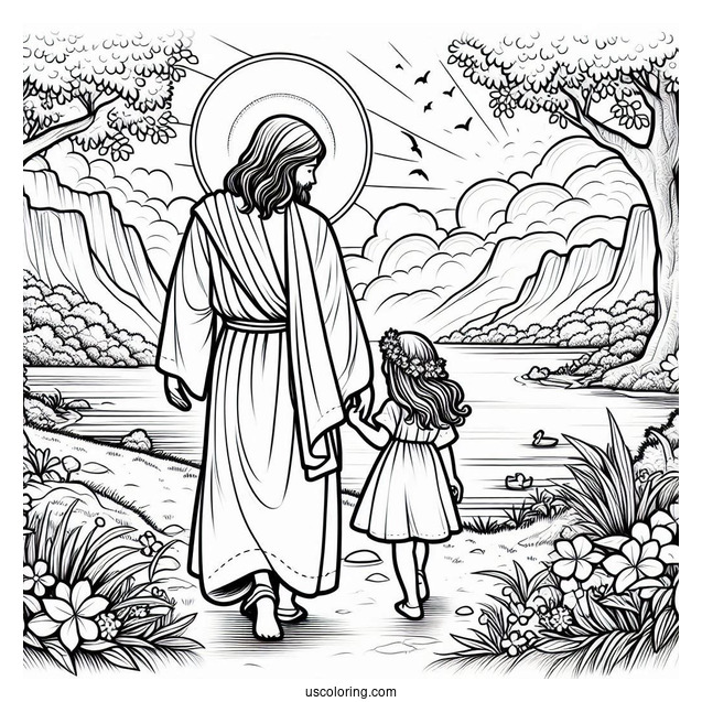 Jesus Coloring Page Walking With A Little Girl In Paradise