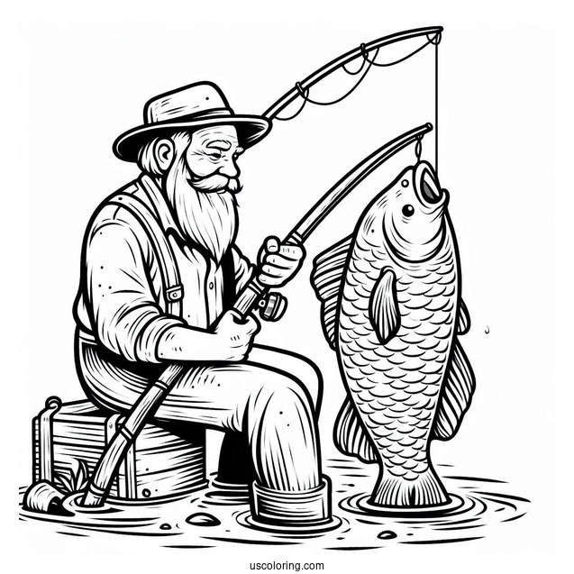 Old Man Holding Large Fish And Fishing Coloring Page Rod For Kids