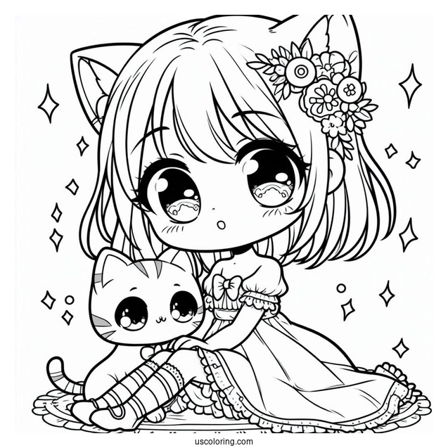Curious Chibi Girl With Her Cat