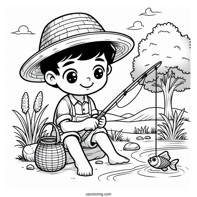 Happy Little Boy Fishing Coloring Page