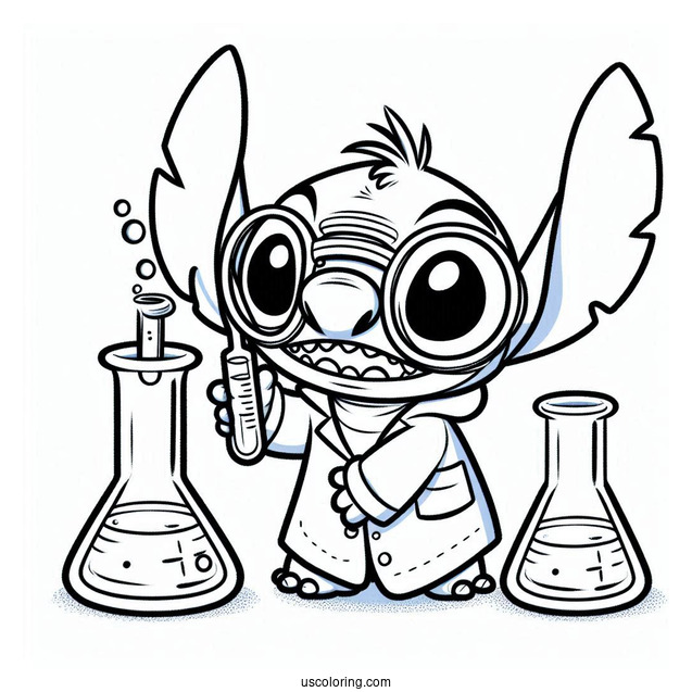 Science Coloring Page Of Mad Scientist Stitch With Goggles And Test Tube For Kids