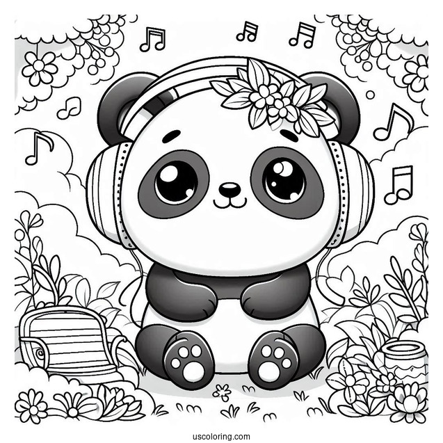 Cool Panda Coloring Page Listening to Music with Headphones in the Garden
