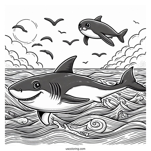 Shark Coloring Page Chasing Seal In The Ocean