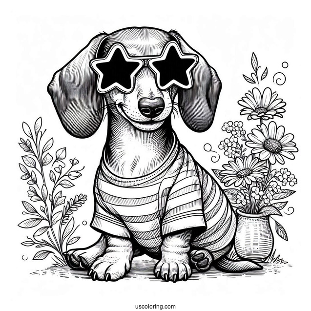 Dachshund Coloring Page Wearing Star Sunglasses And Shirt