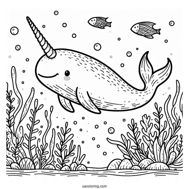 Narwhal Coloring Page Swimming Underwater With Aquatic Life