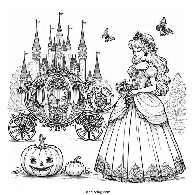 Cinderella With Pumpkin Coach, Castle And Fairy Godmother