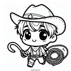 Cute Chibi Cowboy Coloring Page With A Lasso