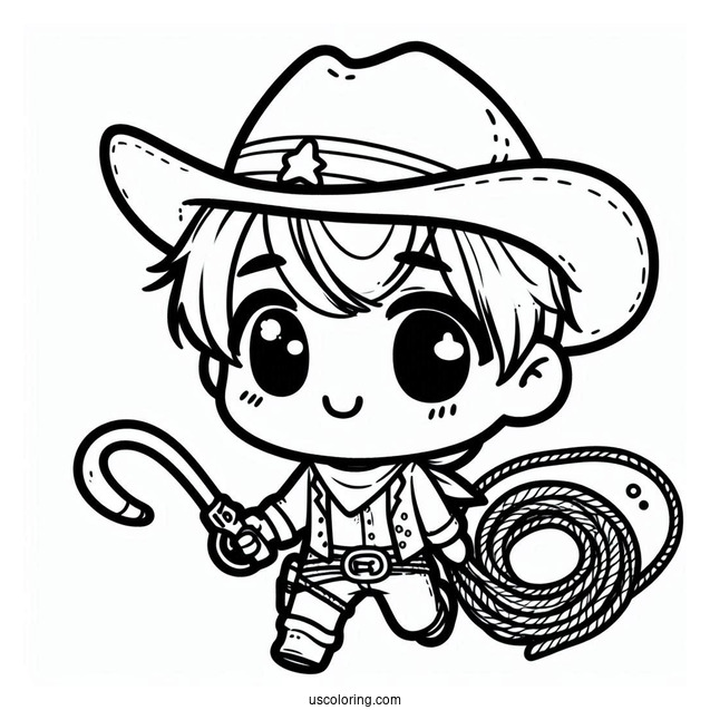 Cute Chibi Cowboy Coloring Page With A Lasso