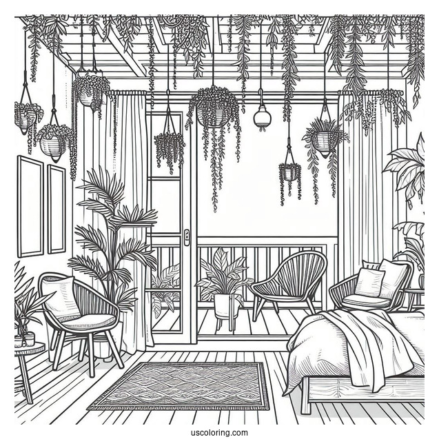 Bedroom Coloring Page With Hanging Plants And Open Balcony