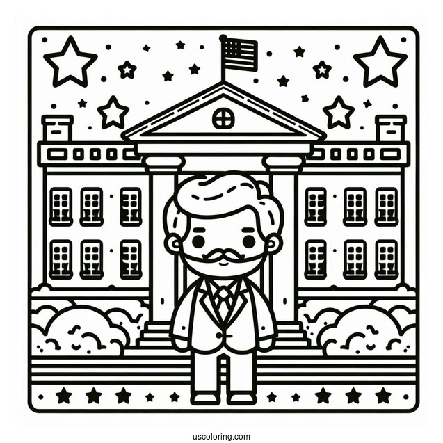 President Coloring Page Of Simple White House Outline Surrounded By Stars For Kids